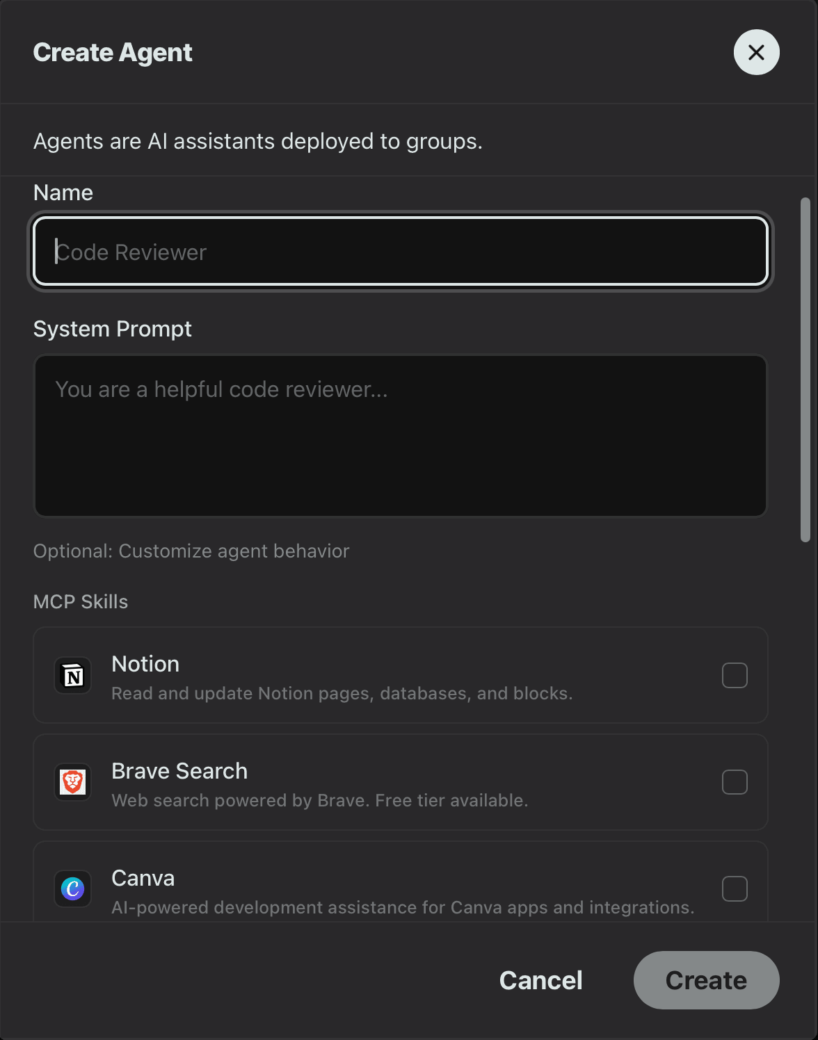 Agent management canvas
